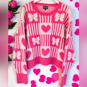 Pink Chunky Embossed Bows and Hearts Valentine's Day Sweater Size Large